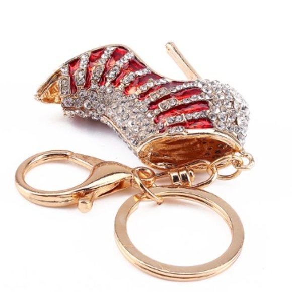 NWT Rhinestone Purse Charm Key Fob Chain Ring Red Shoe Gold Tone Crystal & Gold - Picture 4 of 6